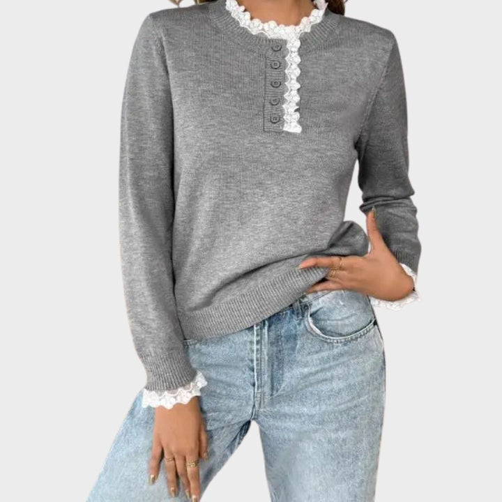 Women's Sweater | Button Neck Ruffle Trim
