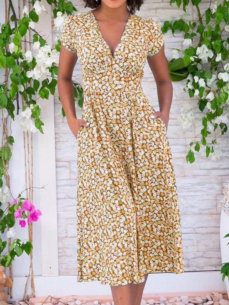 Women’s Dress | Floral V-Neck Midi Short Sleeves