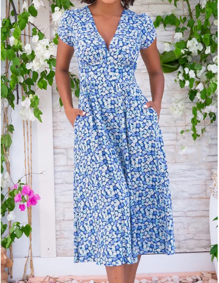 Women’s Dress | Floral V-Neck Midi Short Sleeves