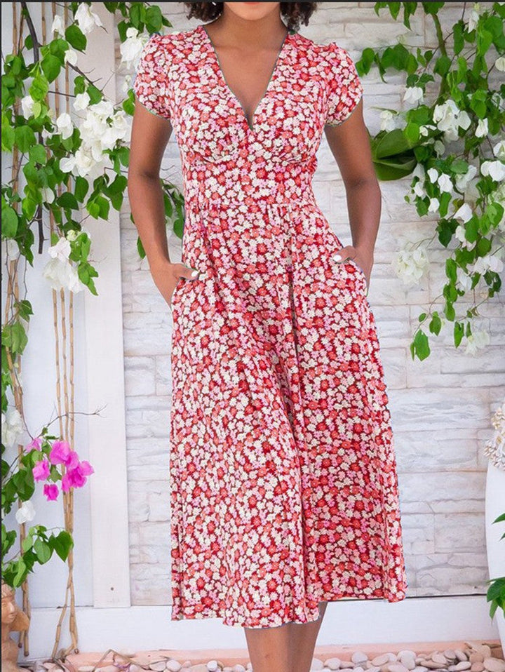 Women’s Dress | Floral V-Neck Midi Short Sleeves