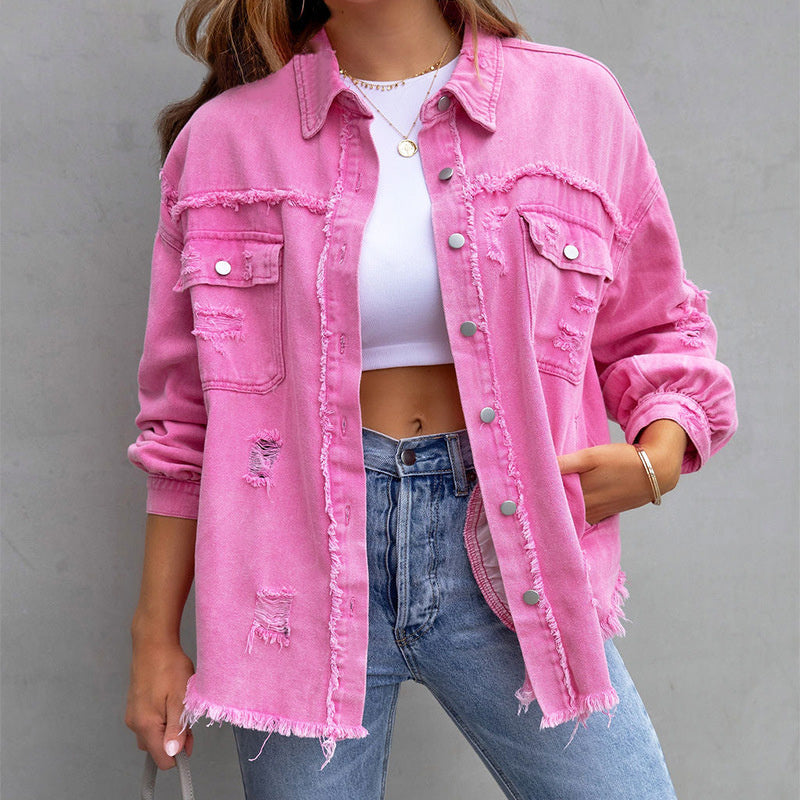 Women's Jacket | Button Front  Frayed Hem