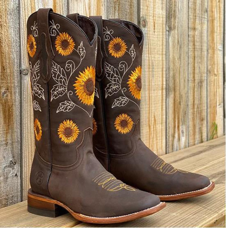 Boots For Women | Knee-High Western With Floral Stitching