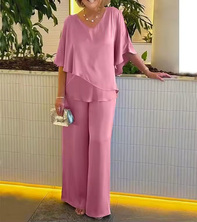 Women's Two-Piece Set  | V-Neck Top Full Length Pants
