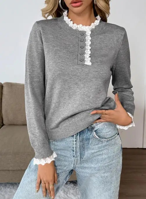 Women's Sweater | Button Neck Ruffle Trim