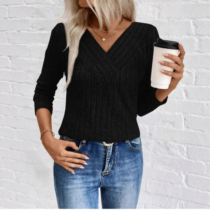 Women's Sweater | Ribbed V Neck Sleeve