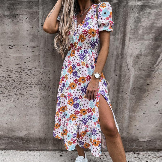 Women's Boho Midi Dress | V-Neck Smocked Floral