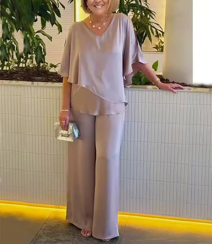 Women's Two-Piece Set  | V-Neck Top Full Length Pants