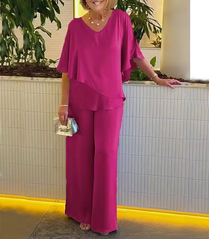 Women's Two-Piece Set  | V-Neck Top Full Length Pants