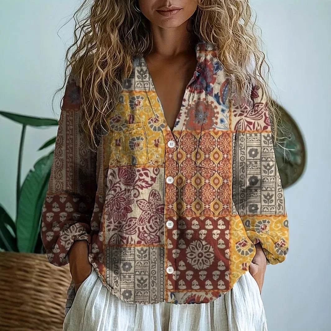 Women’s Blouse | Printed V-Neck Long Sleeve