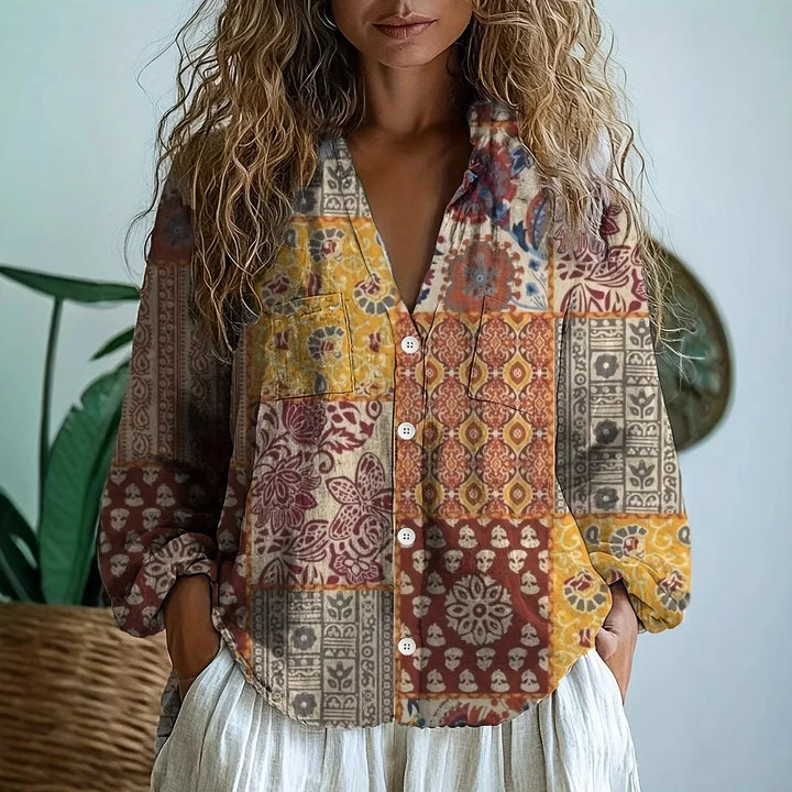 Women’s Blouse | Printed V-Neck Long Sleeve