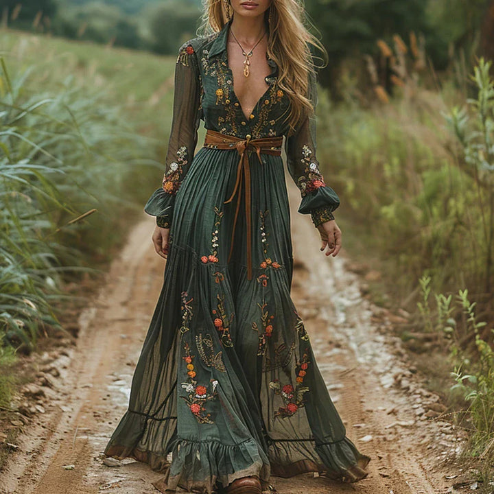 Women's Bohemian Dress | Embroidered V Neck Maxi