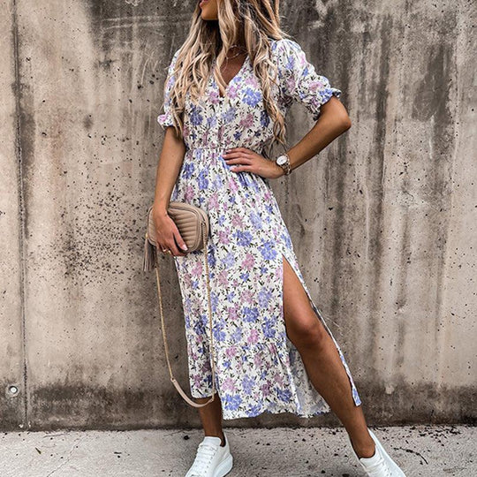 Women's Boho Midi Dress | V-Neck Smocked Floral