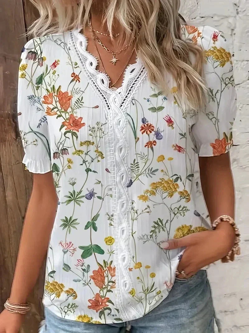 Women’s Blouse | Lace V-Neck Printed