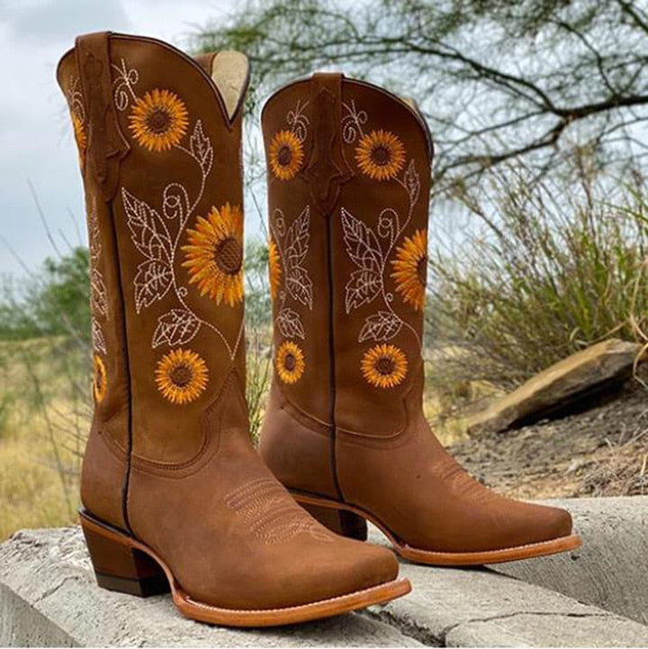 Boots For Women | Knee-High Western With Floral Stitching