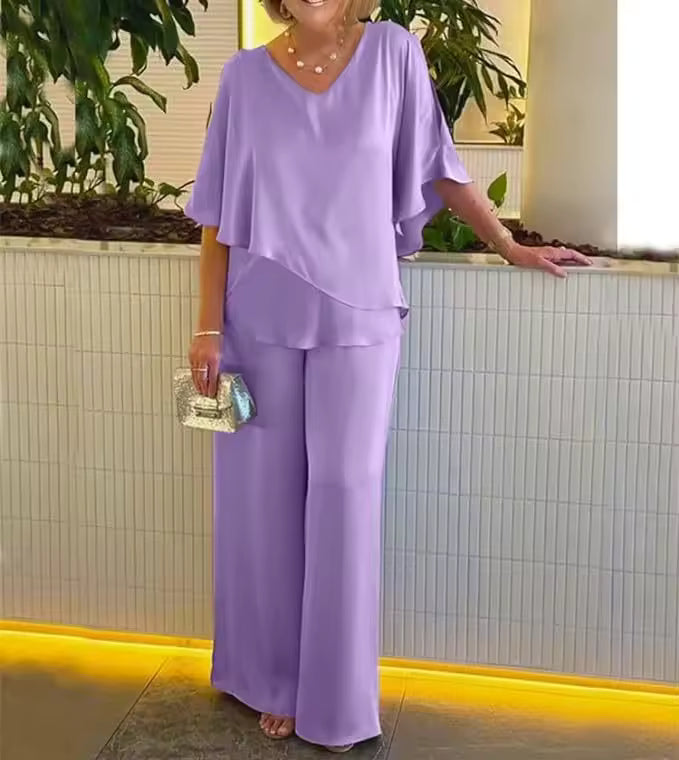 Women's Two-Piece Set  | V-Neck Top Full Length Pants