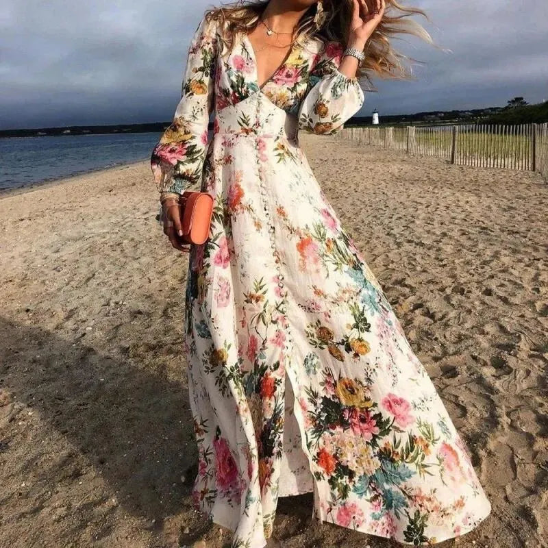 Women's Beach Maxi Dress | Long Sleeve Floral