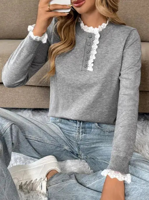 Women's Sweater | Button Neck Ruffle Trim