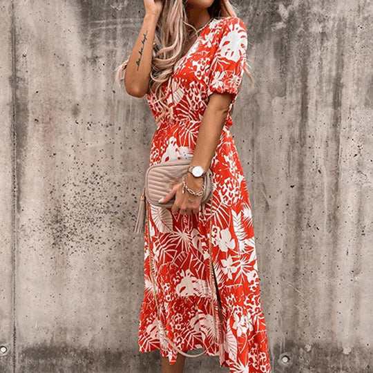 Women's Boho Midi Dress | V-Neck Smocked Floral