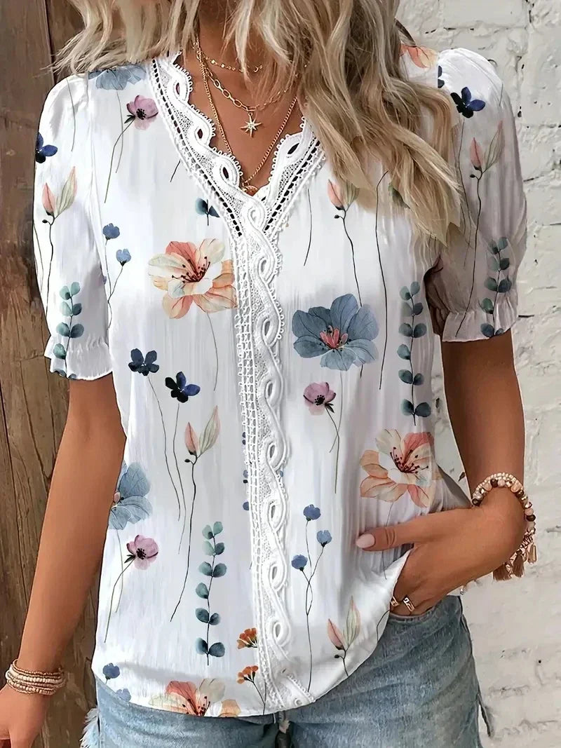 Women’s Blouse | Lace V-Neck Printed