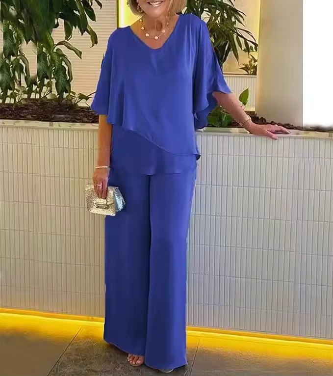 Women's Two-Piece Set  | V-Neck Top Full Length Pants