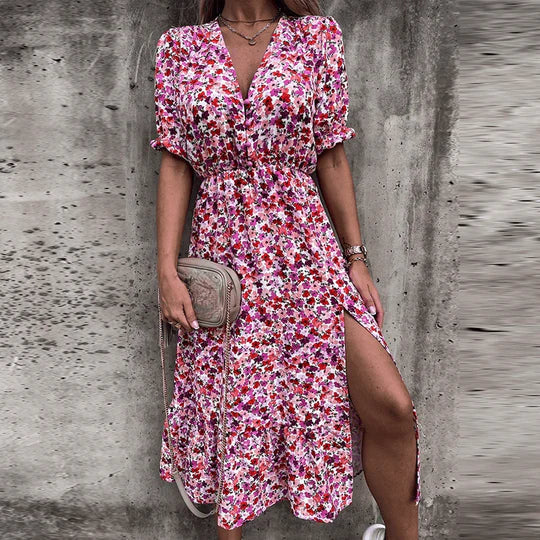 Women's Boho Midi Dress | V-Neck Smocked Floral