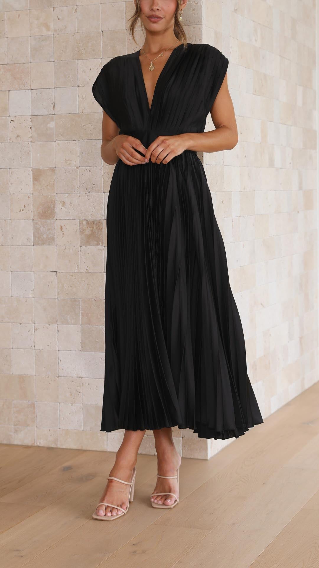 Women's Dress | Pleated Maxi V-Neck Tie Waist