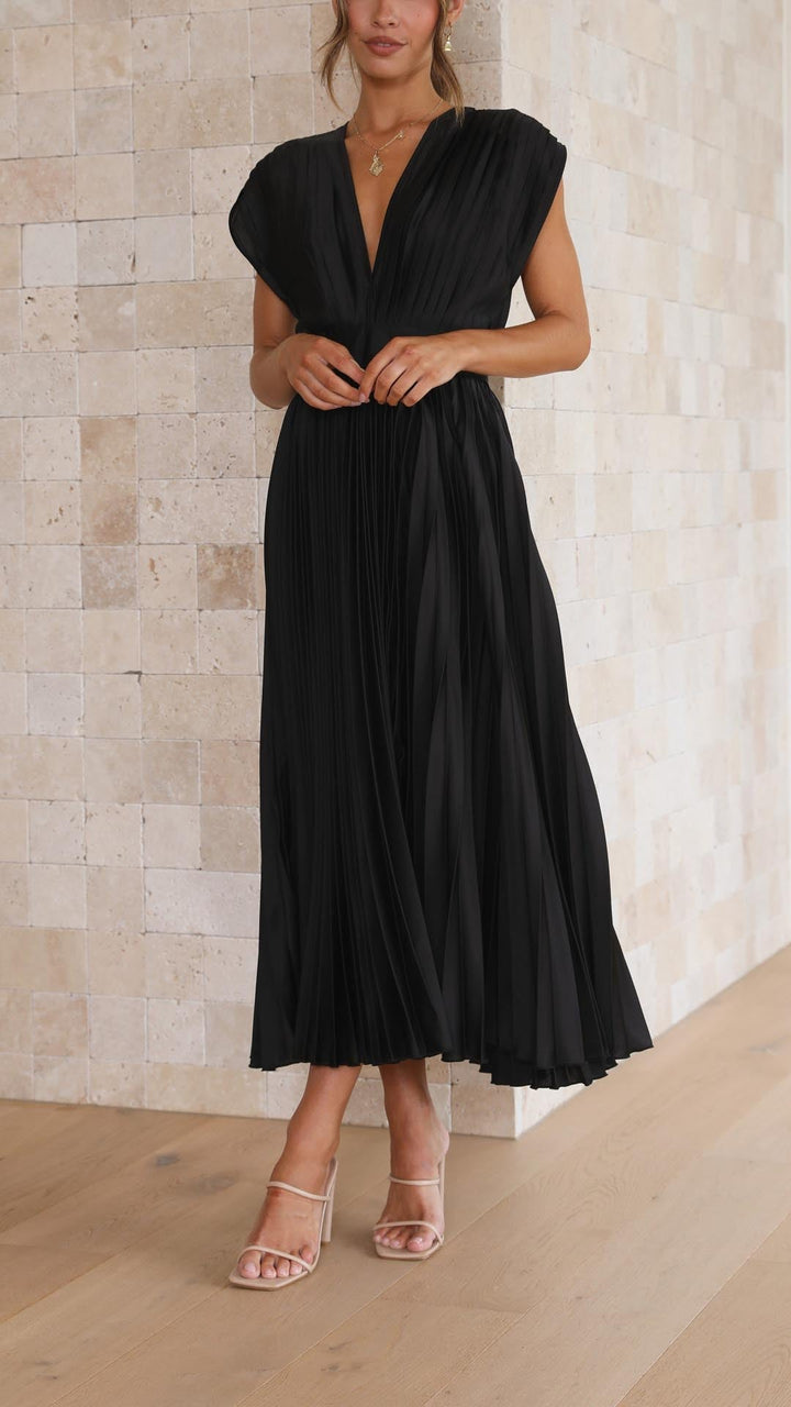 Women's Dress | Pleated Maxi V-Neck Tie Waist