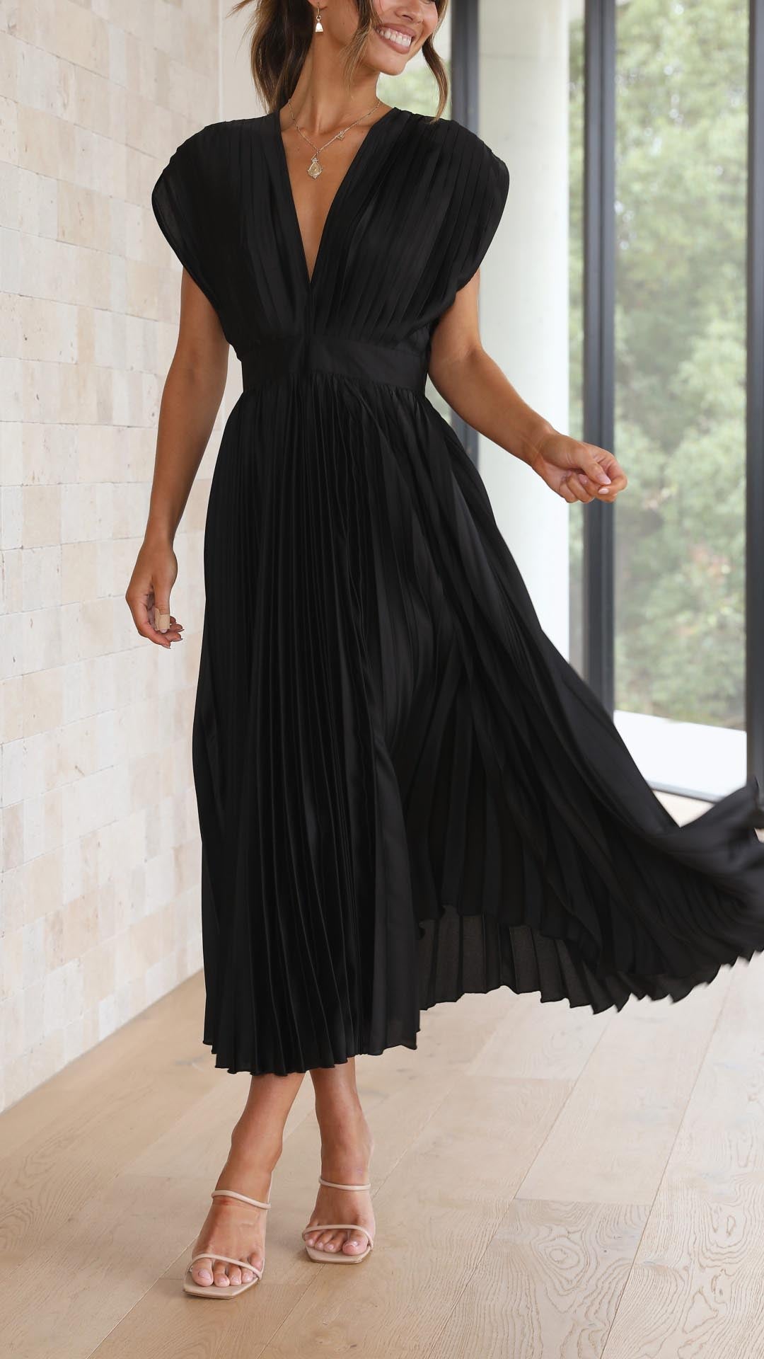 Women's Dress | Pleated Maxi V-Neck Tie Waist