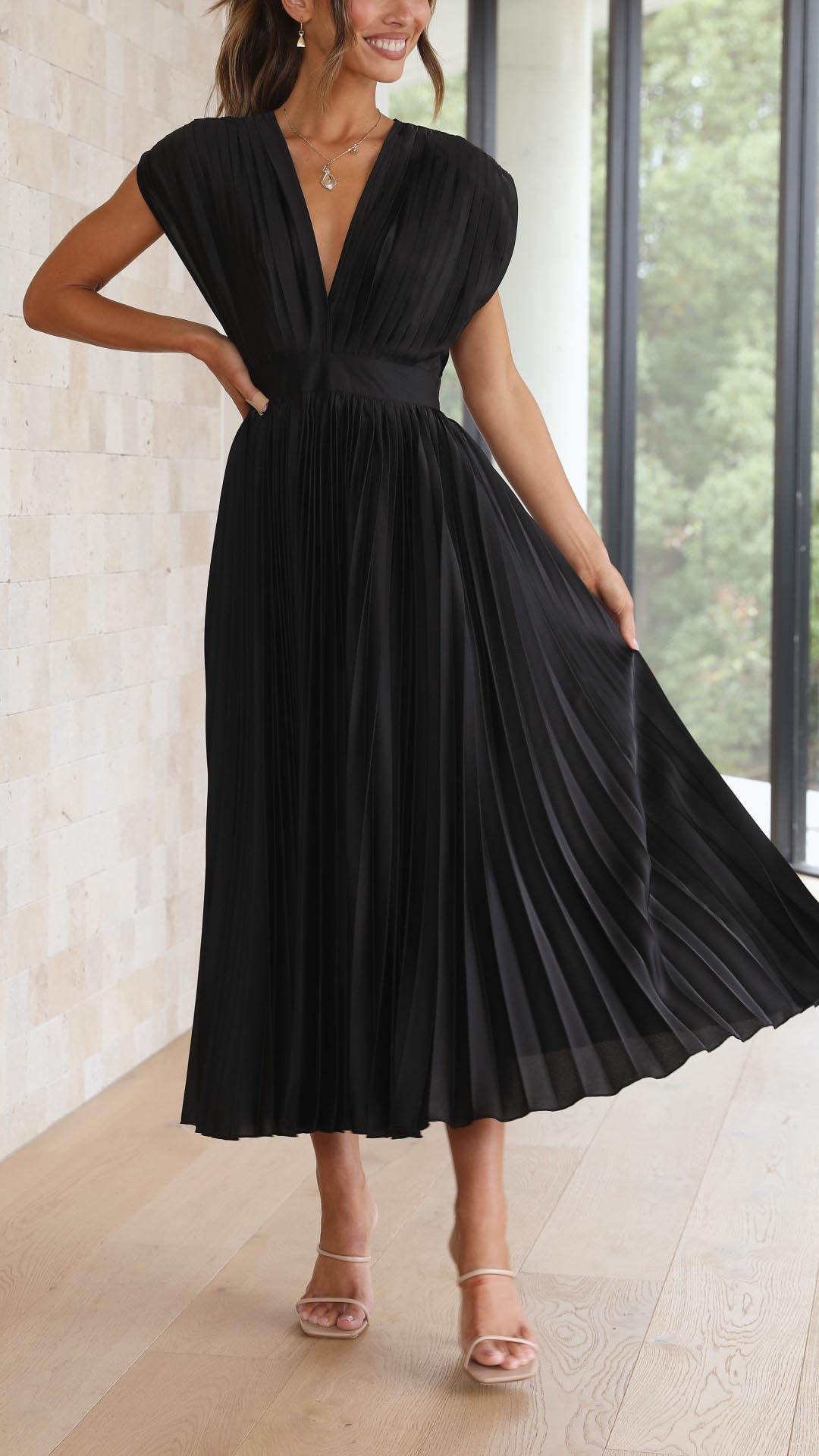Women's Dress | Pleated Maxi V-Neck Tie Waist