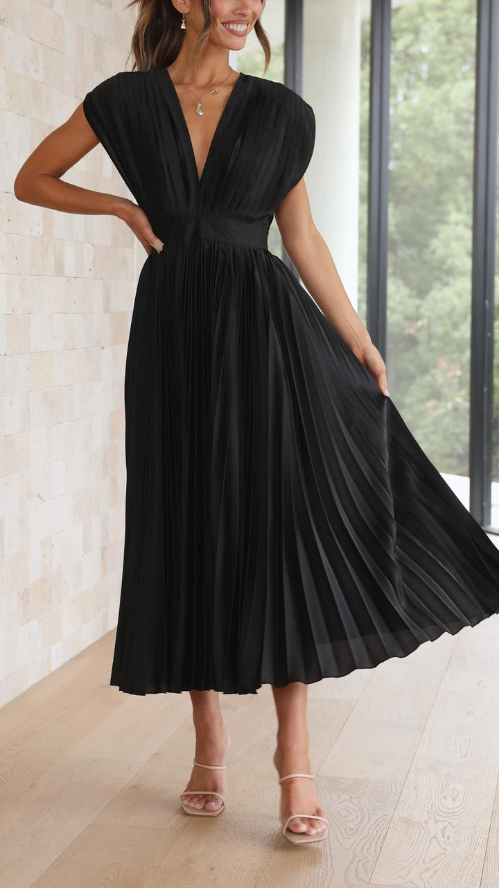 Women's Dress | Pleated Maxi V-Neck Tie Waist