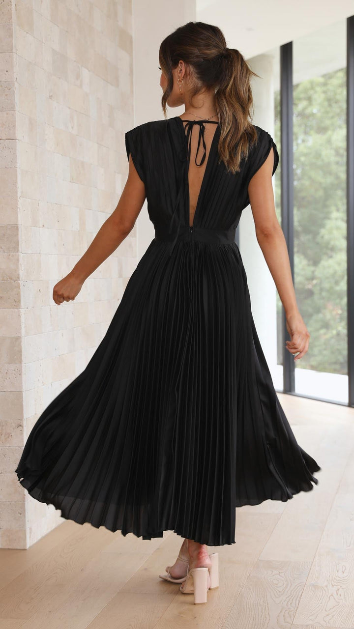 Women's Dress | Pleated Maxi V-Neck Tie Waist