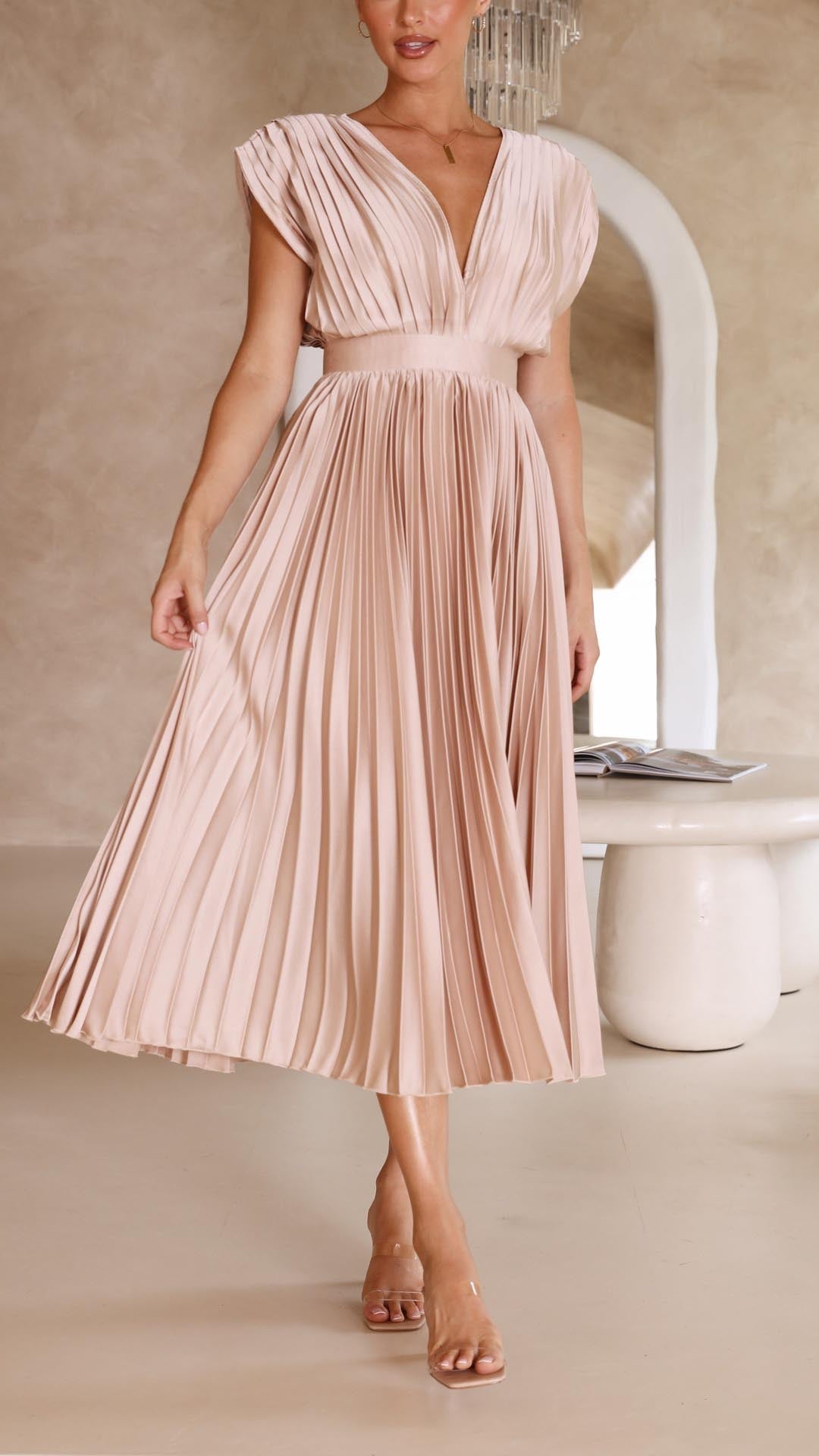 Women's Dress | Pleated Maxi V-Neck Tie Waist
