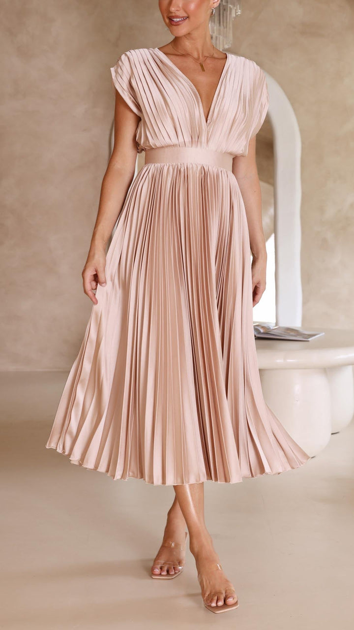 Women's Dress | Pleated Maxi V-Neck Tie Waist