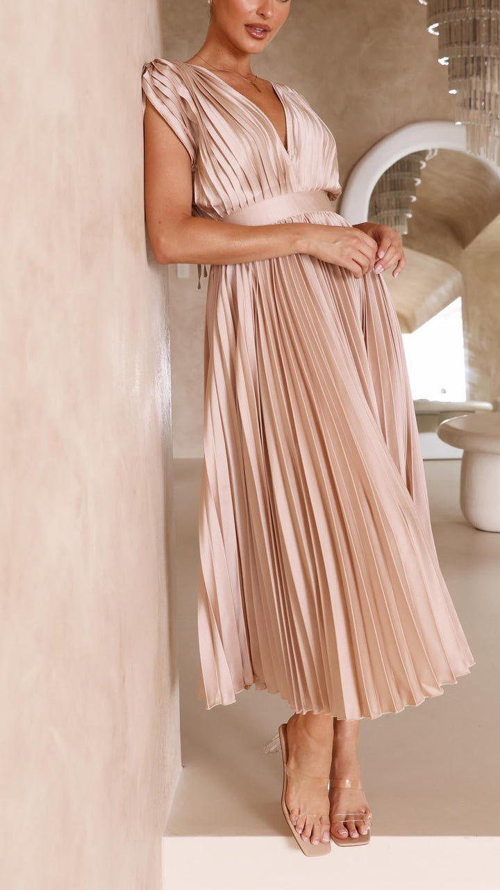 Women's Dress | Pleated Maxi V-Neck Tie Waist