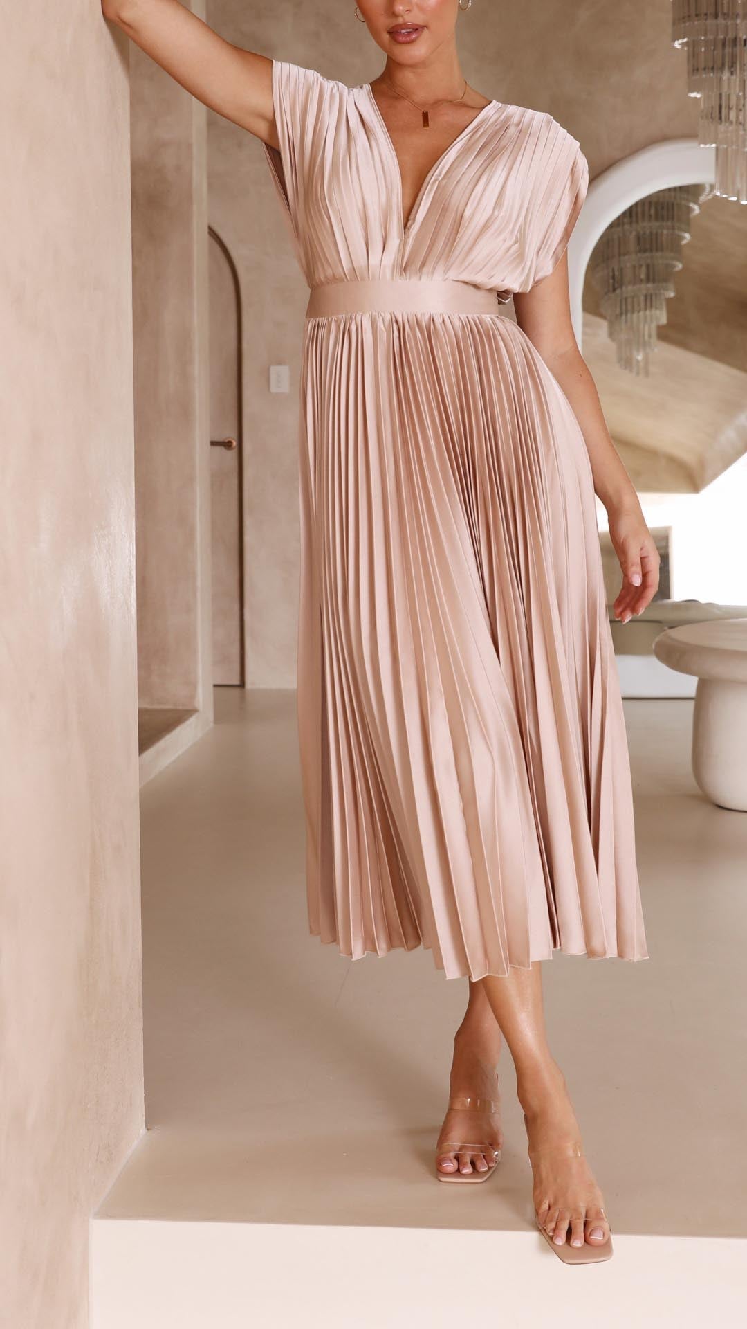 Women's Dress | Pleated Maxi V-Neck Tie Waist