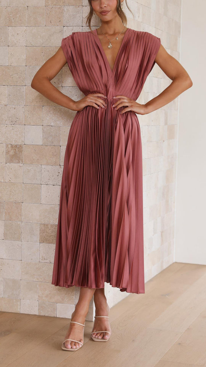 Women's Dress | Pleated Maxi V-Neck Tie Waist