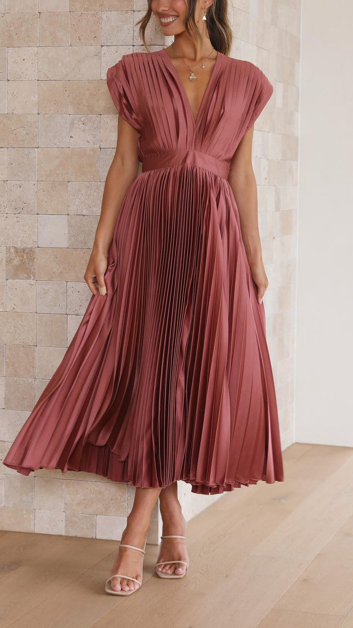 Women's Dress | Pleated Maxi V-Neck Tie Waist