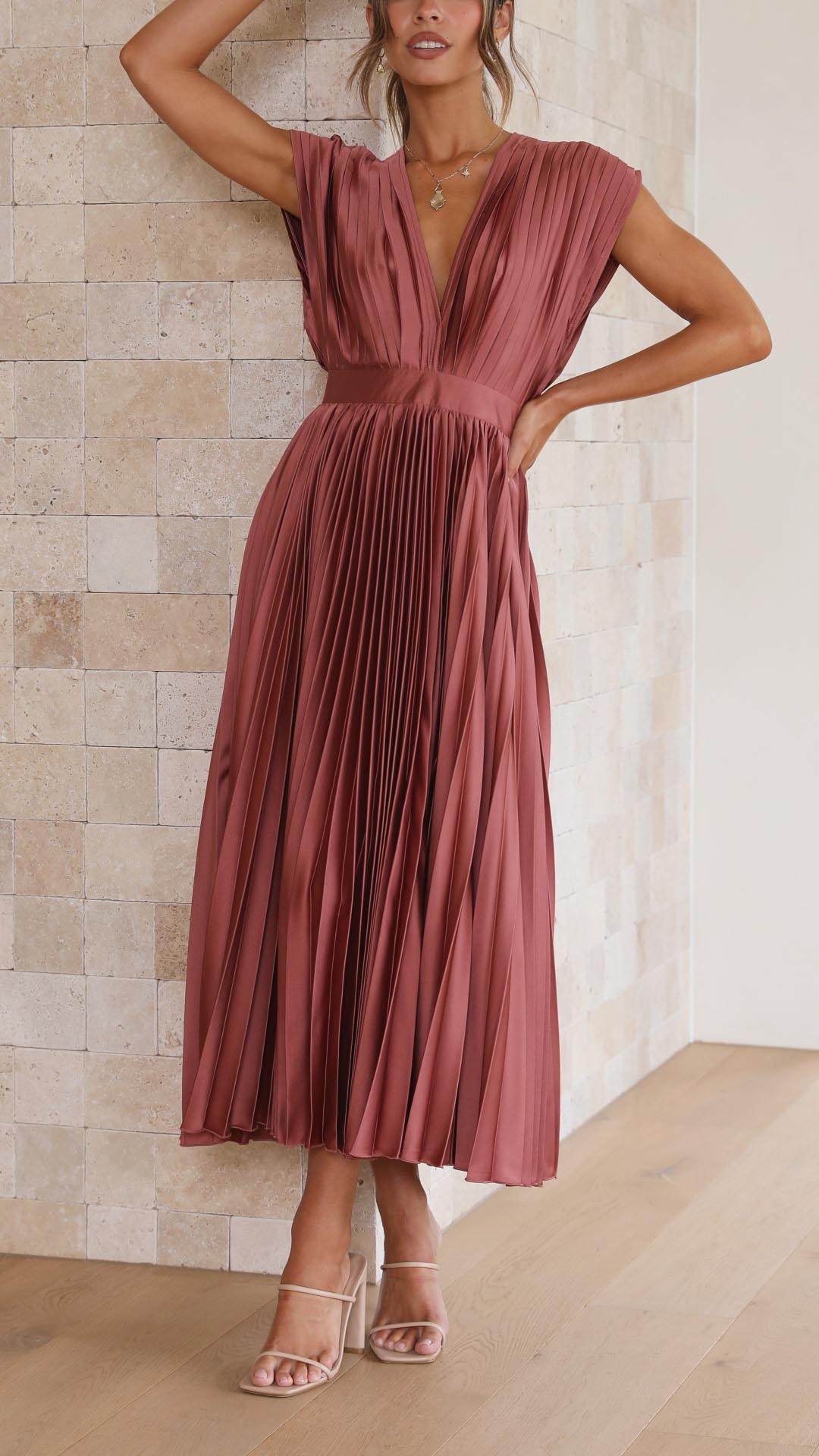 Women's Dress | Pleated Maxi V-Neck Tie Waist