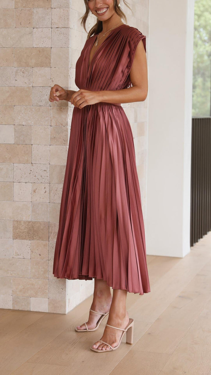 Women's Dress | Pleated Maxi V-Neck Tie Waist