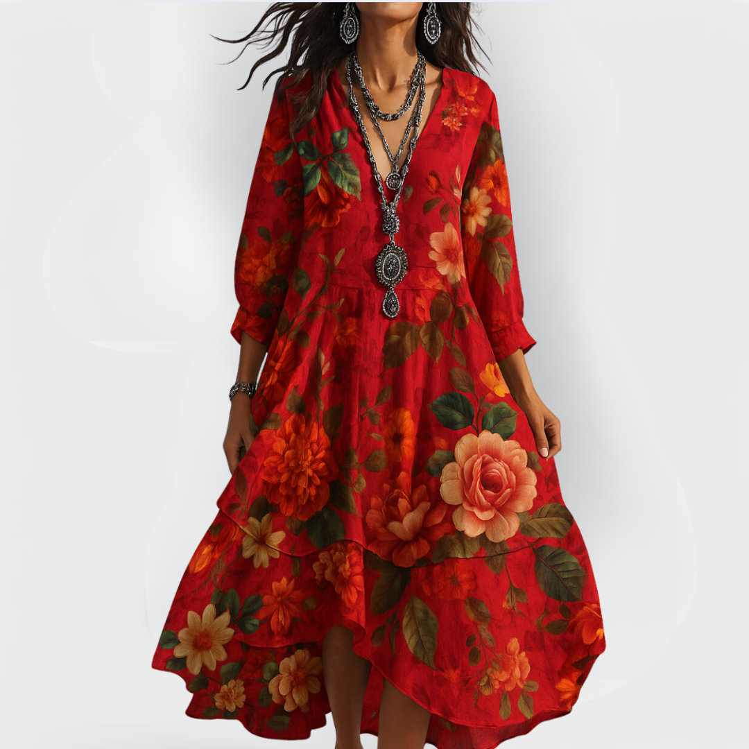 Women's Boho Dress | Floral Midi Dress V-Neck 3/4 Sleeve