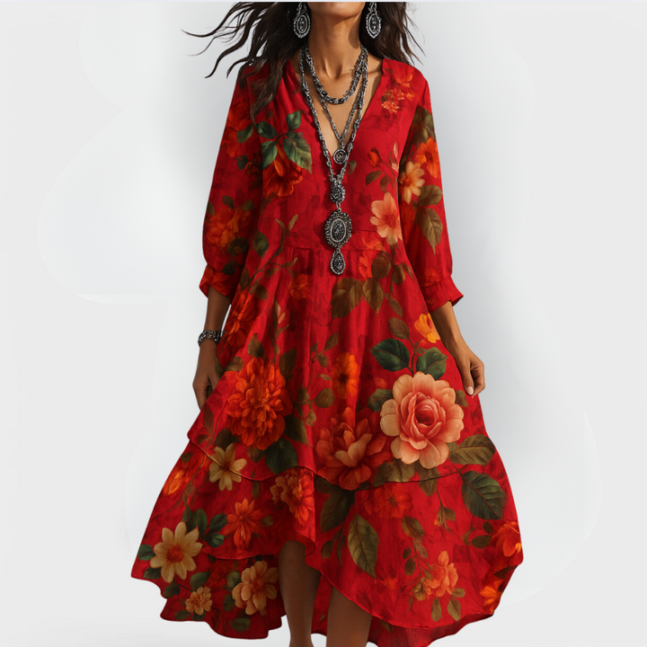 Women's Boho Dress | Floral Midi Dress V-Neck 3/4 Sleeve