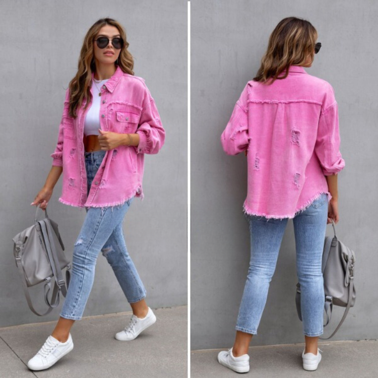 Women's Jacket | Button Front  Frayed Hem