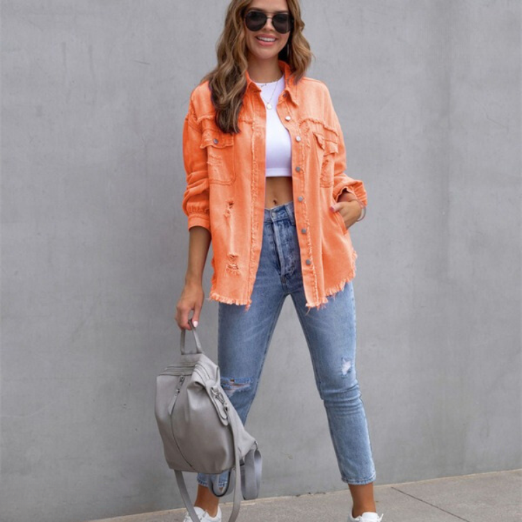 Women's Jacket | Button Front  Frayed Hem