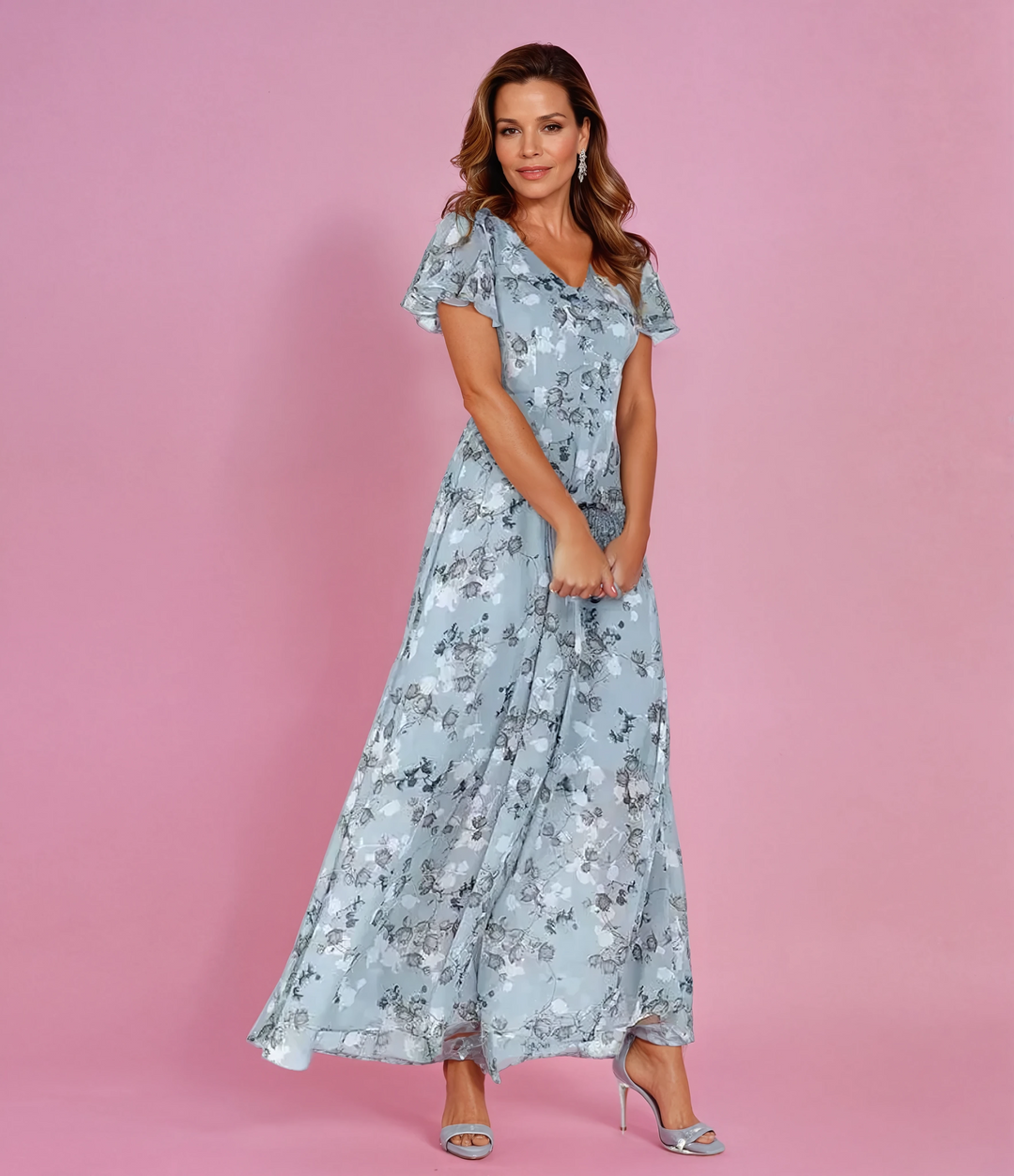 Women's Cocktail Maxi Dress | V-Neck Flutter Sleeve