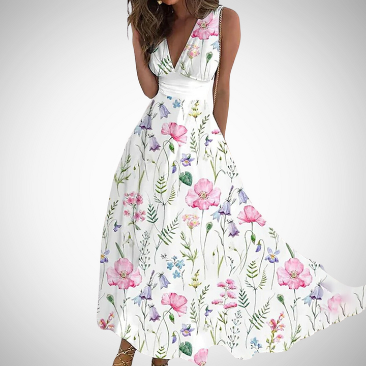Women's Floral Maxi Dress | V-Neck Sleeveless