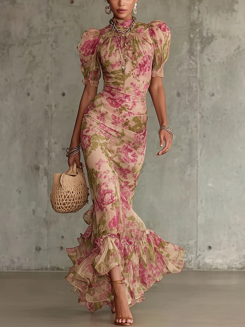 Women's Floral Maxi Dress | High Neck Puff Sleeve