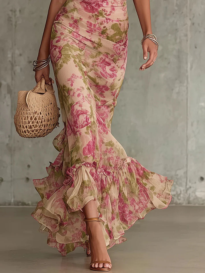 Women's Floral Maxi Dress | High Neck Puff Sleeve