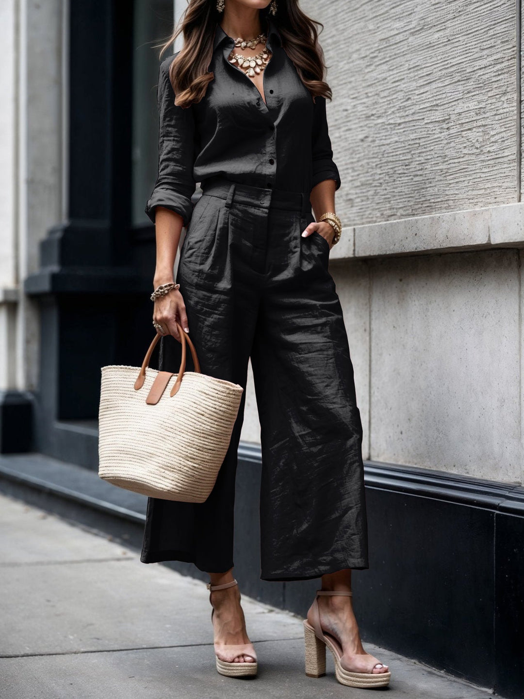 Women's Two-Piece Set  | Collared Shirt Top and Pants