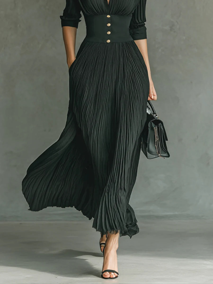 Women’s Dress | Pleated Lapel Waist Maxi