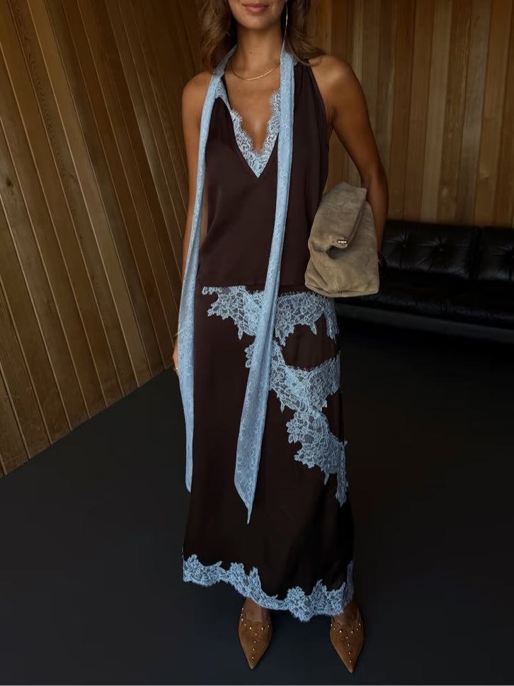 Women's Two-Piece Set | Halter with Scarf and Skirt